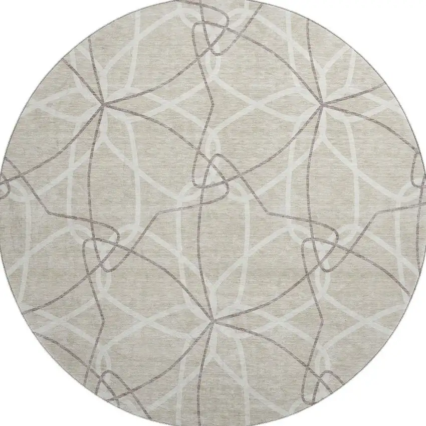 8' Beige Ivory And Taupe Geometric Washable Round Rug With UV Protection Photo 3
