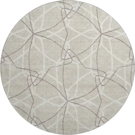 8' Beige Ivory And Taupe Geometric Washable Round Rug With UV Protection Photo 1