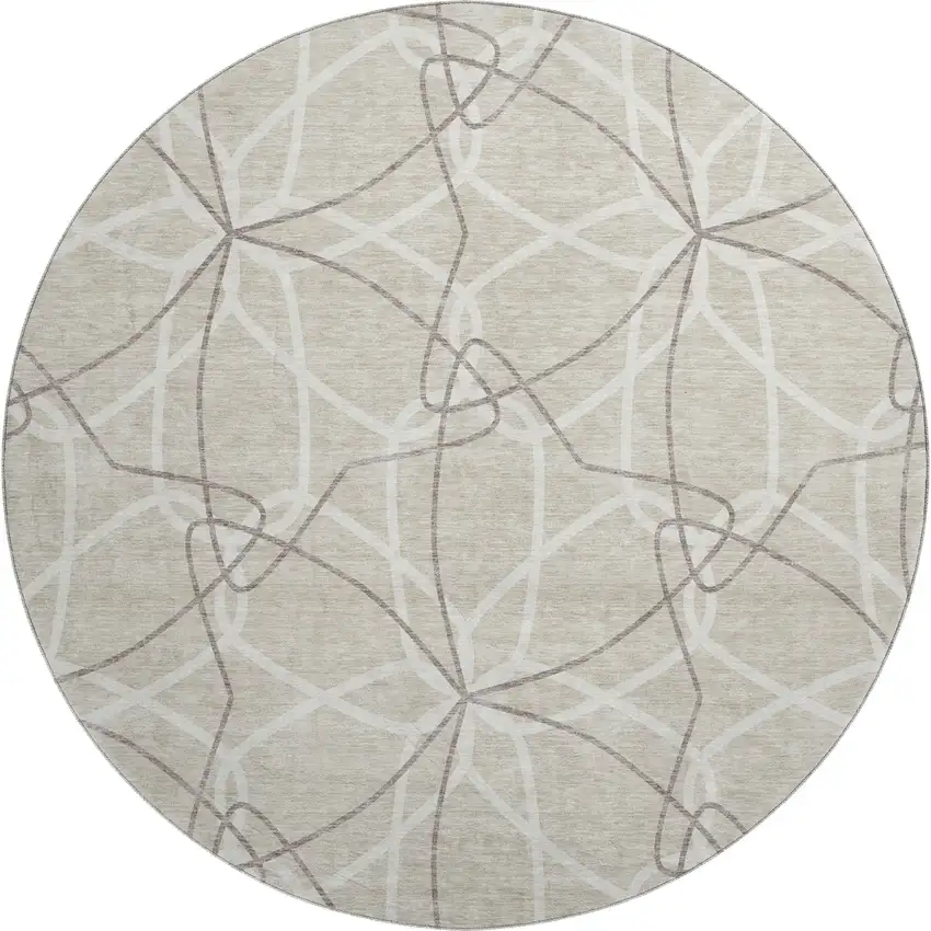 8' Beige Ivory And Taupe Geometric Washable Round Rug With UV Protection Photo 1