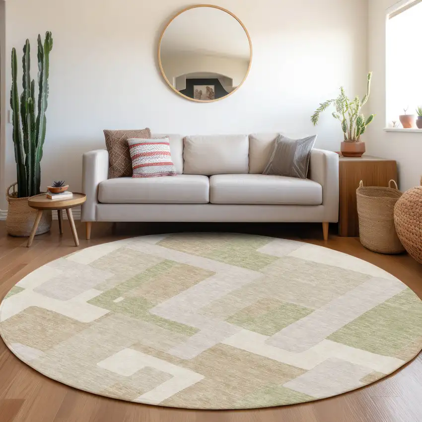 8' Beige Ivory And Taupe Geometric Washable Round Rug With UV Protection Photo 4