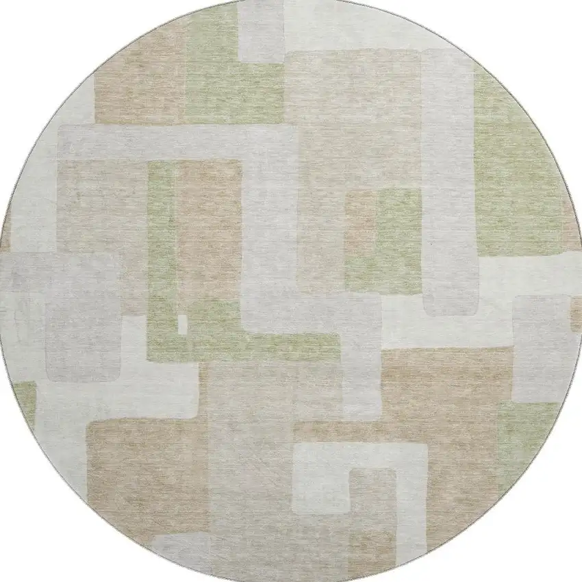 8' Beige Ivory And Taupe Geometric Washable Round Rug With UV Protection Photo 3