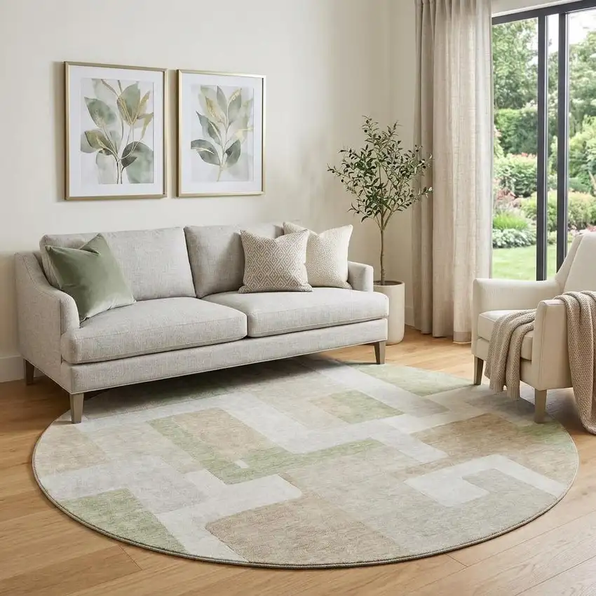 8' Beige Ivory And Taupe Geometric Washable Round Rug With UV Protection Photo 1