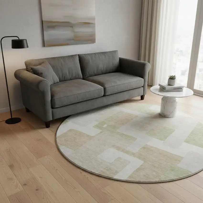 8' Beige Ivory And Taupe Geometric Washable Round Rug With UV Protection Photo 2