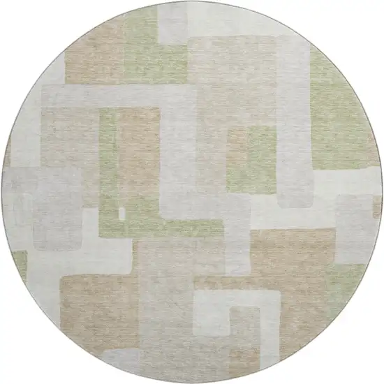 8' Beige Ivory And Taupe Geometric Washable Round Rug With UV Protection Photo 1