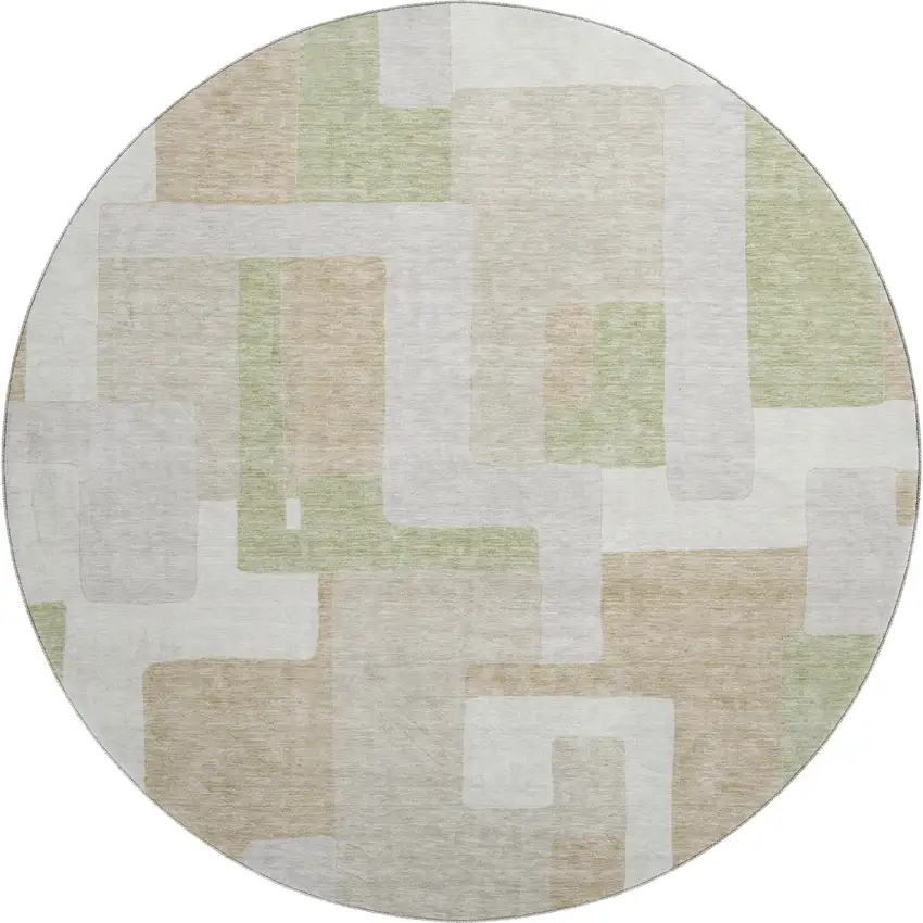 8' Beige Ivory And Taupe Geometric Washable Round Rug With UV Protection Photo 1