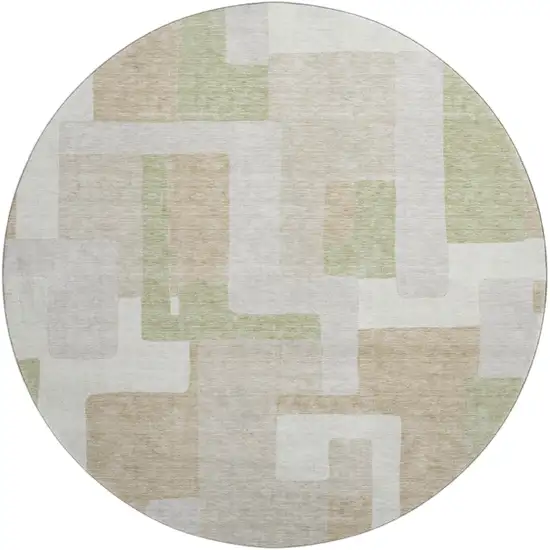 8' Beige Ivory And Taupe Geometric Washable Round Rug With UV Protection Photo 2