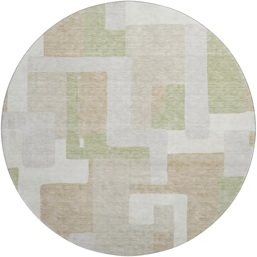 8' Beige Ivory And Taupe Geometric Washable Round Rug With UV Protection Photo 2