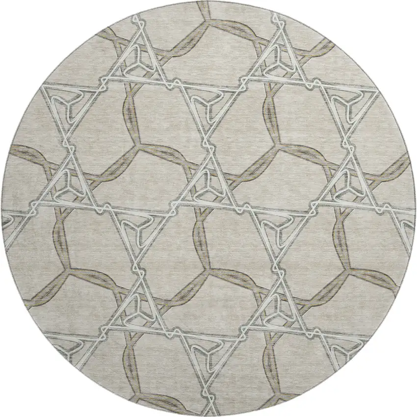 8' Beige Ivory And Taupe Geometric Washable Round Rug With UV Protection Photo 1