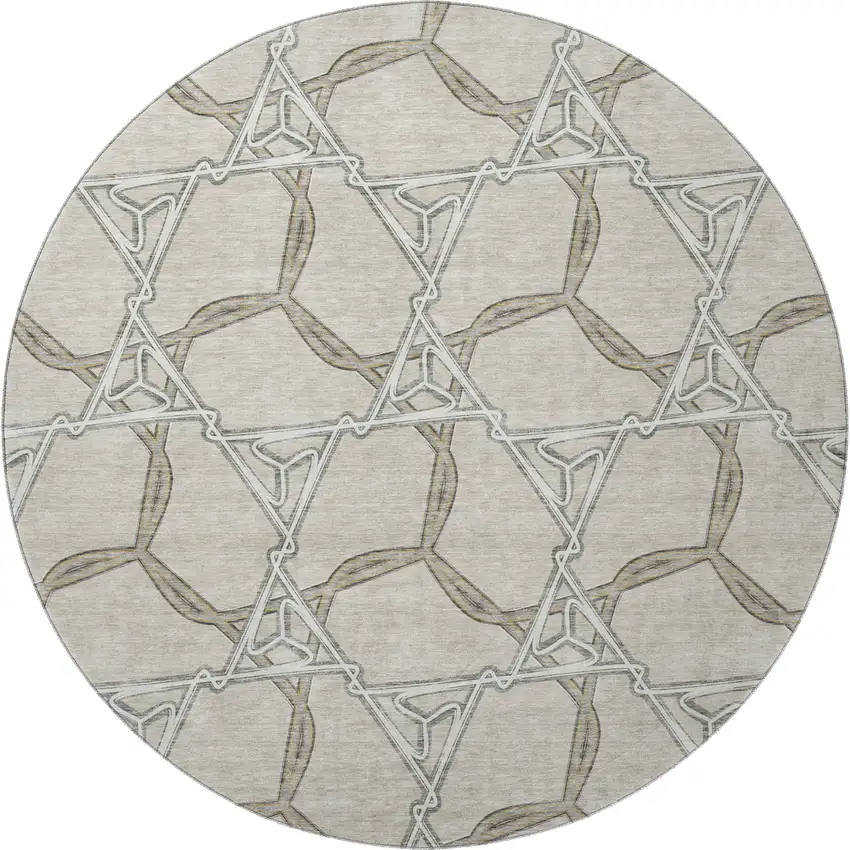 8' Beige Ivory And Taupe Geometric Washable Round Rug With UV Protection Photo 3