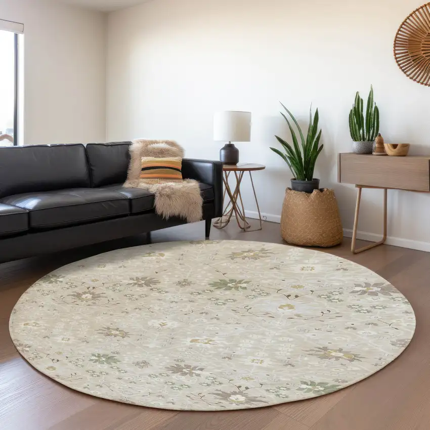 8' Beige Ivory And Taupe Oriental Washable Round Rug With UV Protection Photo 4