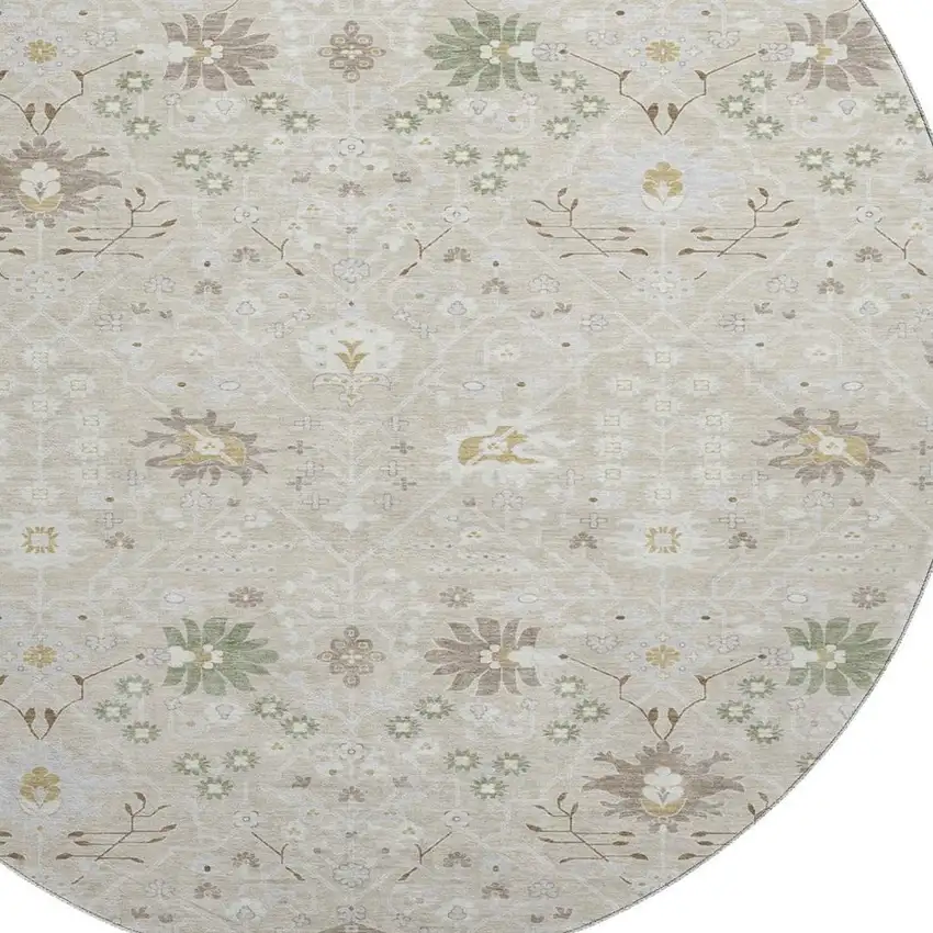 8' Beige Ivory And Taupe Oriental Washable Round Rug With UV Protection Photo 2
