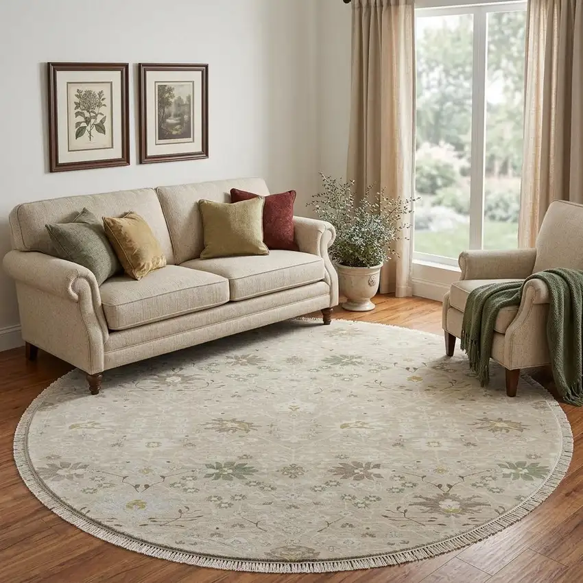 8' Beige Ivory And Taupe Oriental Washable Round Rug With UV Protection Photo 1