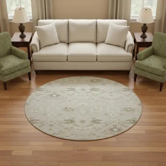 8' Beige Ivory And Taupe Oriental Washable Round Rug With UV Protection Photo 2