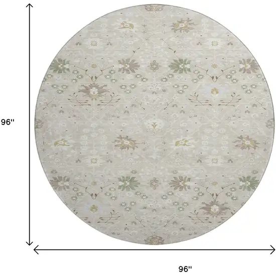 8' Beige Ivory And Taupe Oriental Washable Round Rug With UV Protection Photo 9