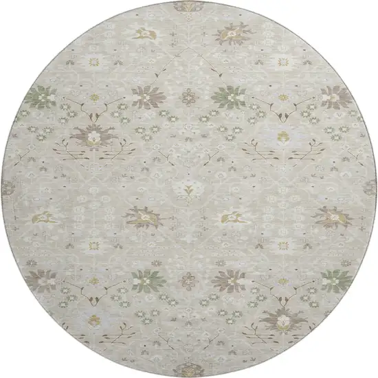 8' Beige Ivory And Taupe Oriental Washable Round Rug With UV Protection Photo 1