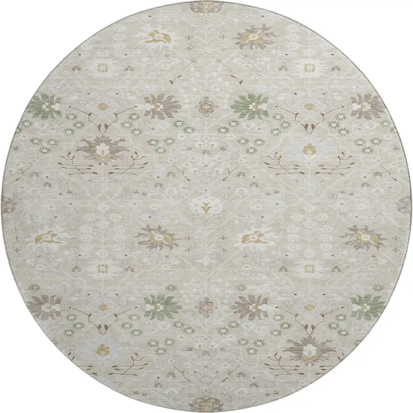 8' Beige Ivory And Taupe Oriental Washable Round Rug With UV Protection Photo 1