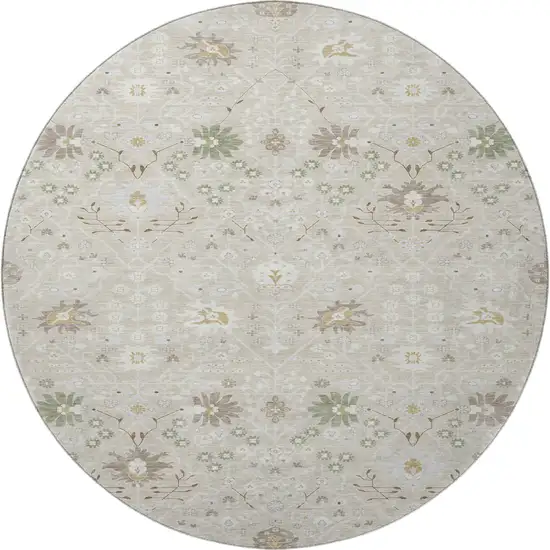 8' Beige Ivory And Taupe Oriental Washable Round Rug With UV Protection Photo 3