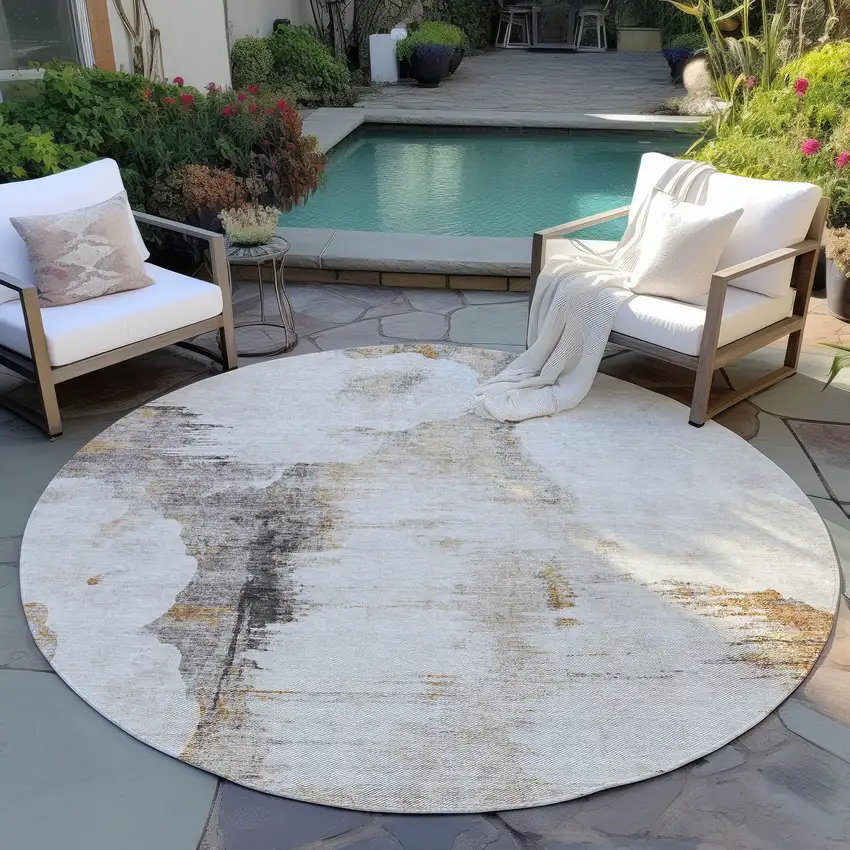 8' Beige Ivory And Taupe Round Abstract Washable Indoor Outdoor Area Rug Photo 6