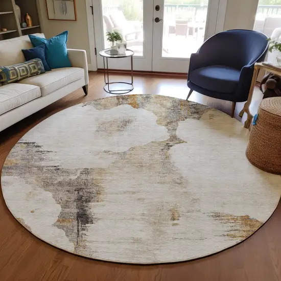 8' Beige Ivory And Taupe Round Abstract Washable Indoor Outdoor Area Rug Photo 7