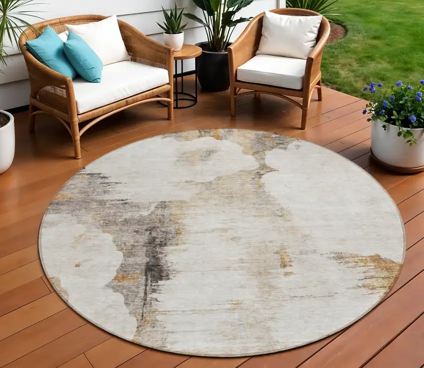 8' Beige Ivory And Taupe Round Abstract Washable Indoor Outdoor Area Rug Photo 1
