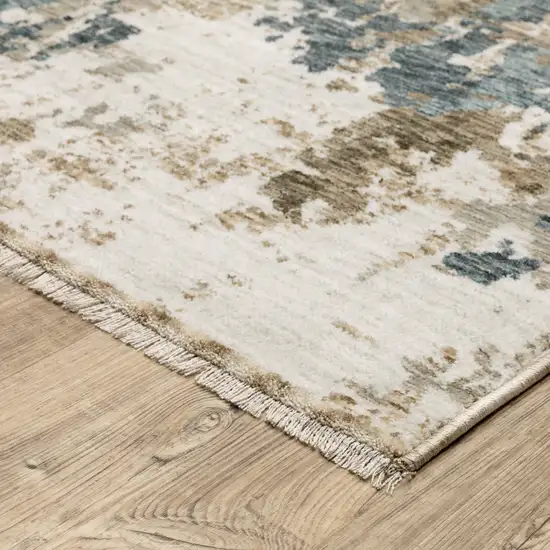 8' Beige Ivory And Teal Abstract Runner Rug With Fringe Photo 5