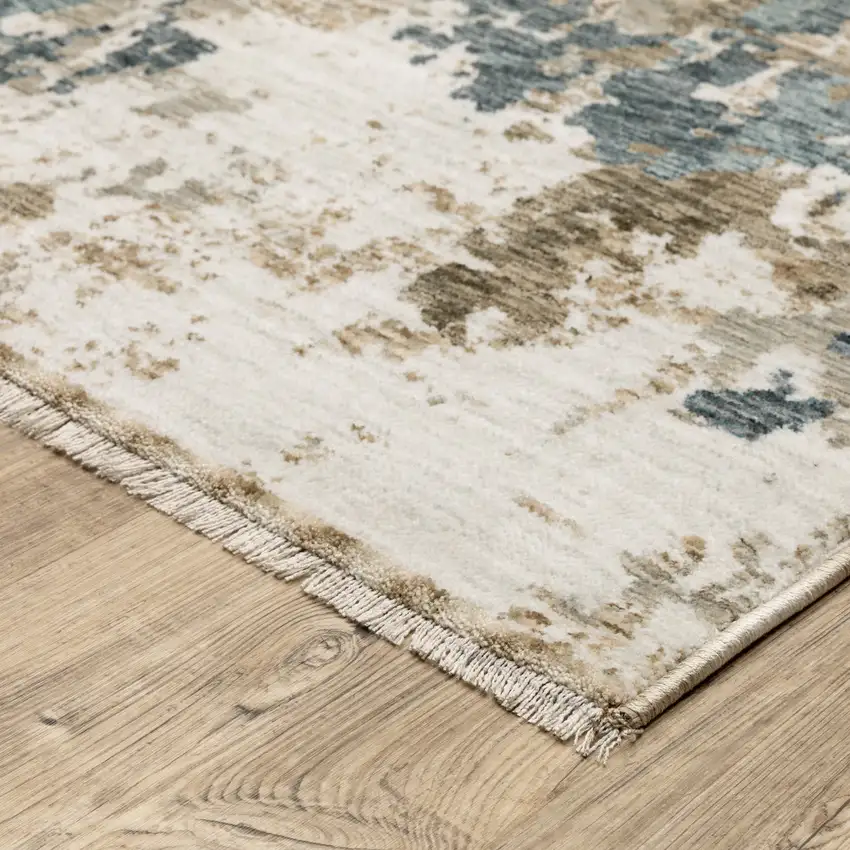8' Beige Ivory And Teal Abstract Runner Rug With Fringe Photo 5