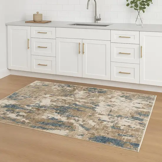 8' Beige Ivory And Teal Abstract Runner Rug With Fringe Photo 1