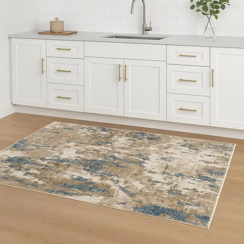 8' Beige Ivory And Teal Abstract Runner Rug With Fringe Photo 1