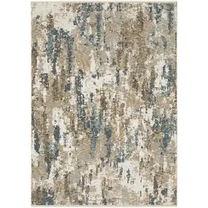 Photo of 8' Beige Ivory And Teal Abstract Runner Rug With Fringe