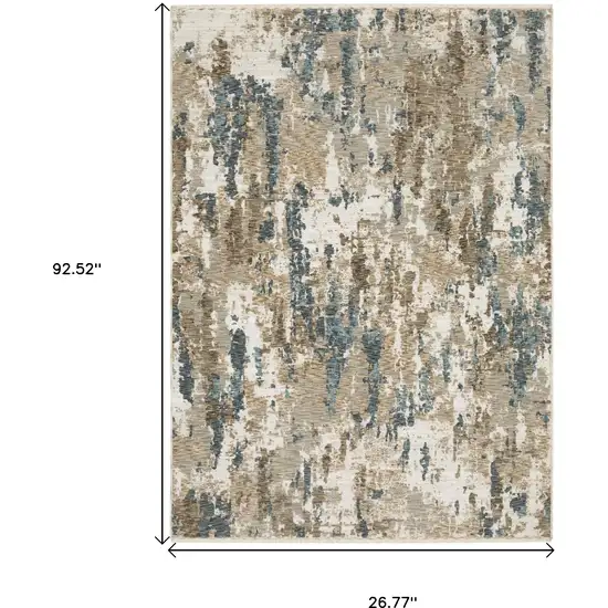 8' Beige Ivory And Teal Abstract Runner Rug With Fringe Photo 9