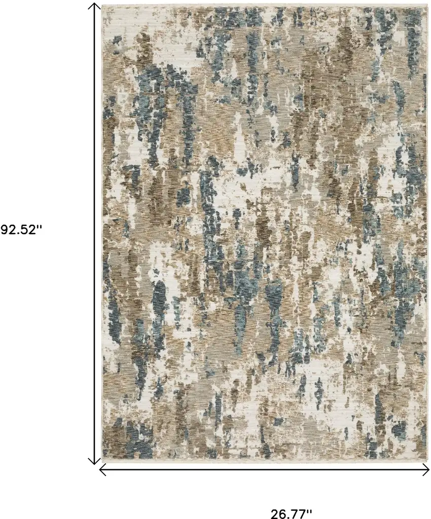 8' Beige Ivory And Teal Abstract Runner Rug With Fringe Photo 9