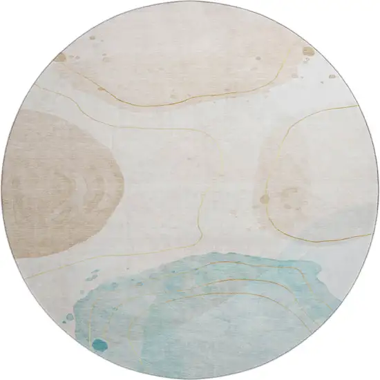 8' Beige Ivory And Teal Abstract Washable Round Rug With UV Protection Photo 1
