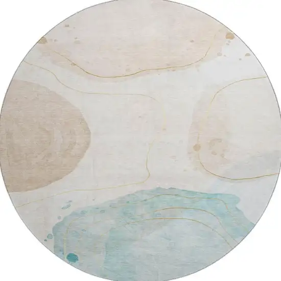 8' Beige Ivory And Teal Abstract Washable Round Rug With UV Protection Photo 4