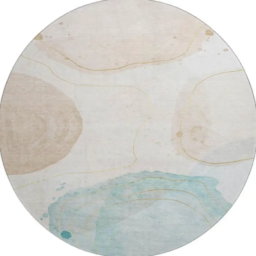 8' Beige Ivory And Teal Abstract Washable Round Rug With UV Protection Photo 4