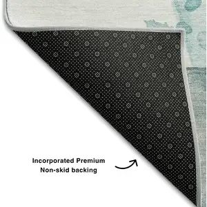 Photo of 8' Beige Ivory And Teal Abstract Washable Round Rug With UV Protection