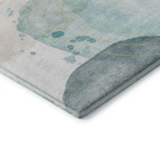 8' Beige Ivory And Teal Abstract Washable Round Rug With UV Protection Photo 7