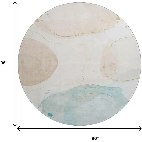 8' Beige Ivory And Teal Abstract Washable Round Rug With UV Protection Photo 9