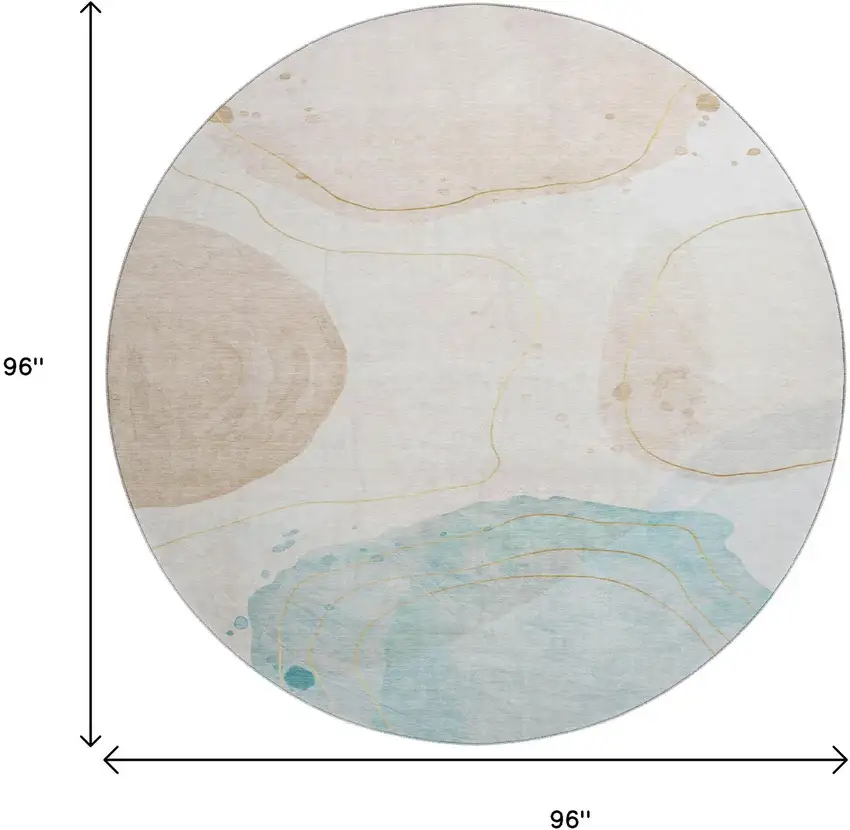 8' Beige Ivory And Teal Abstract Washable Round Rug With UV Protection Photo 9