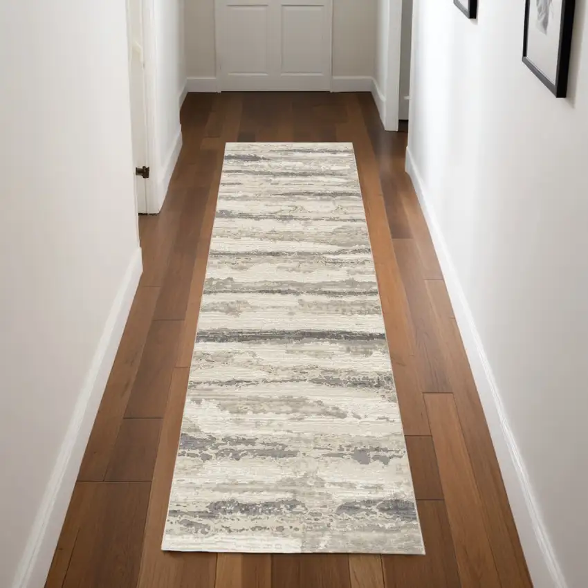8' Beige Ivory and Gray Abstract Non Skid Runner Rug Photo 1