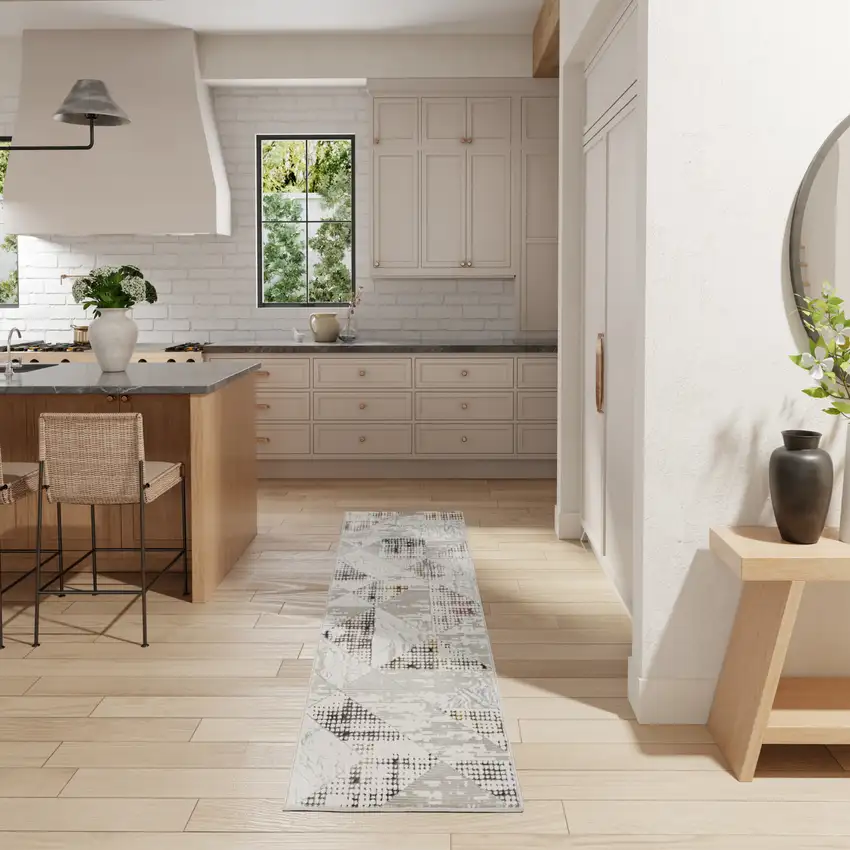 8' Beige Ivory and Gray Geometric Non Skid Runner Rug Photo 5