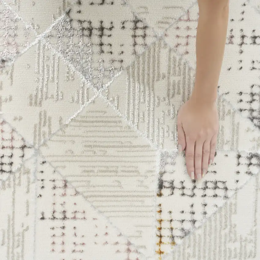8' Beige Ivory and Gray Geometric Non Skid Runner Rug Photo 8
