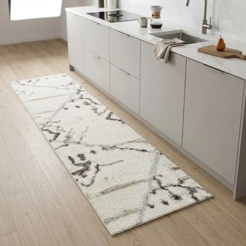 8' Beige Ivory and Gray Geometric Non Skid Runner Rug Photo 1