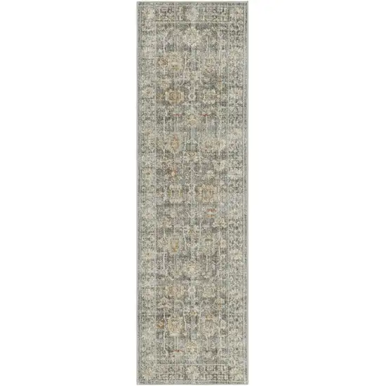 8' Beige Ivory and Gray Oriental Power Loom Distressed Runner Rug With Fringe Photo 4