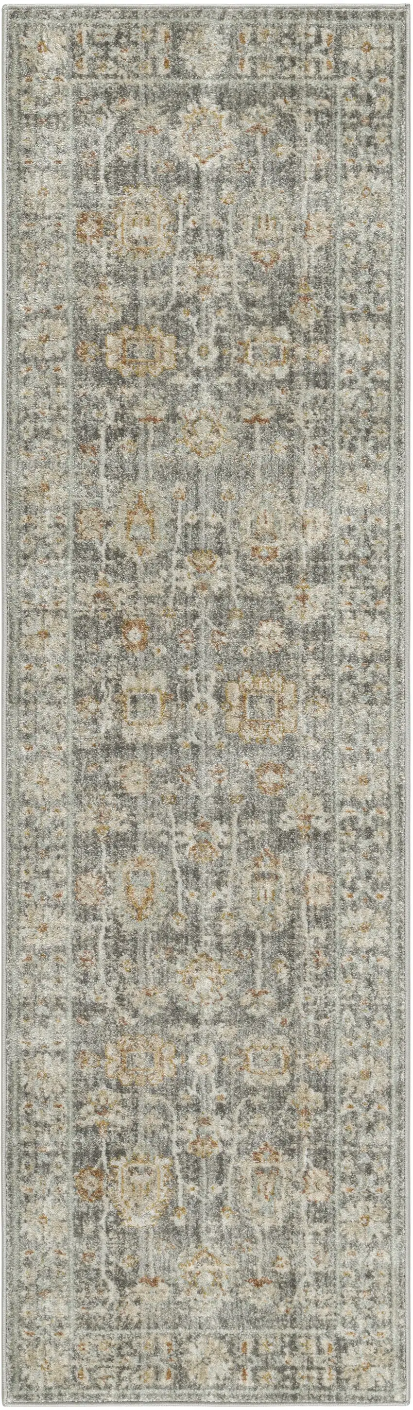 8' Beige Ivory and Gray Oriental Power Loom Distressed Runner Rug With Fringe Photo 4