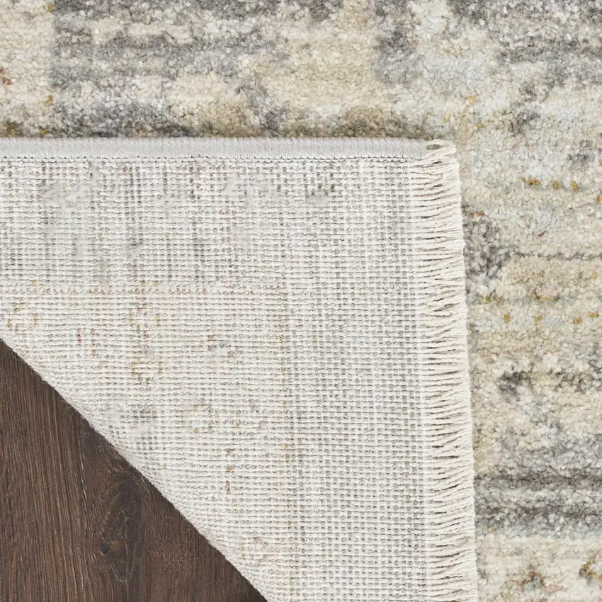 8' Beige Ivory and Gray Oriental Power Loom Distressed Runner Rug With Fringe Photo 9