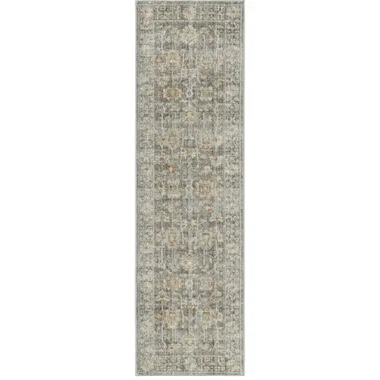 8' Beige Ivory and Gray Oriental Power Loom Distressed Runner Rug With Fringe Photo 2