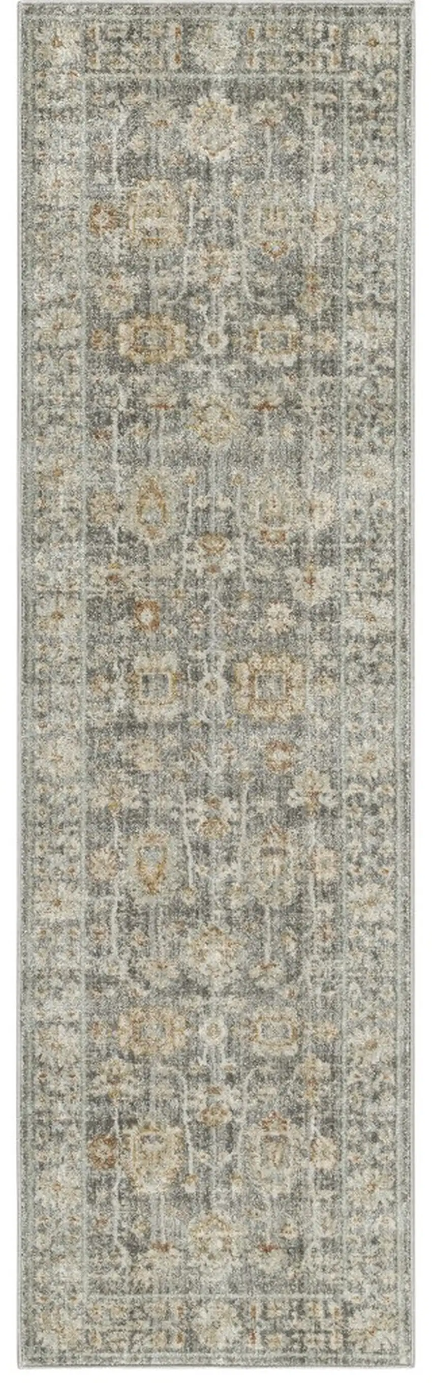 8' Beige Ivory and Gray Oriental Power Loom Distressed Runner Rug With Fringe Photo 2