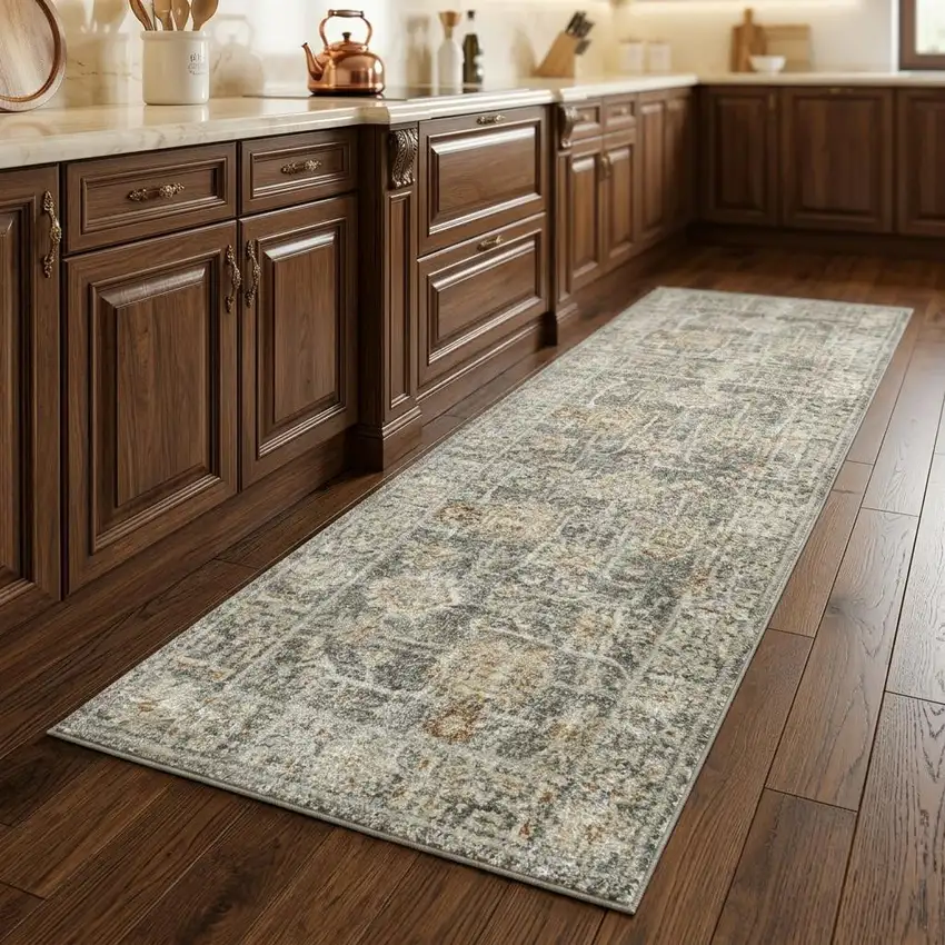 8' Beige Ivory and Gray Oriental Power Loom Distressed Runner Rug With Fringe Photo 1