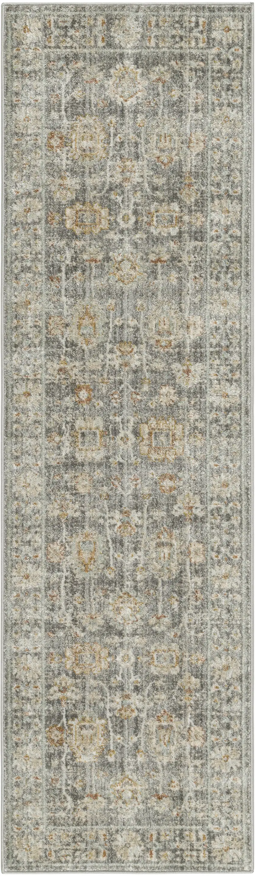 8' Beige Ivory and Gray Oriental Power Loom Distressed Runner Rug With Fringe Photo 1