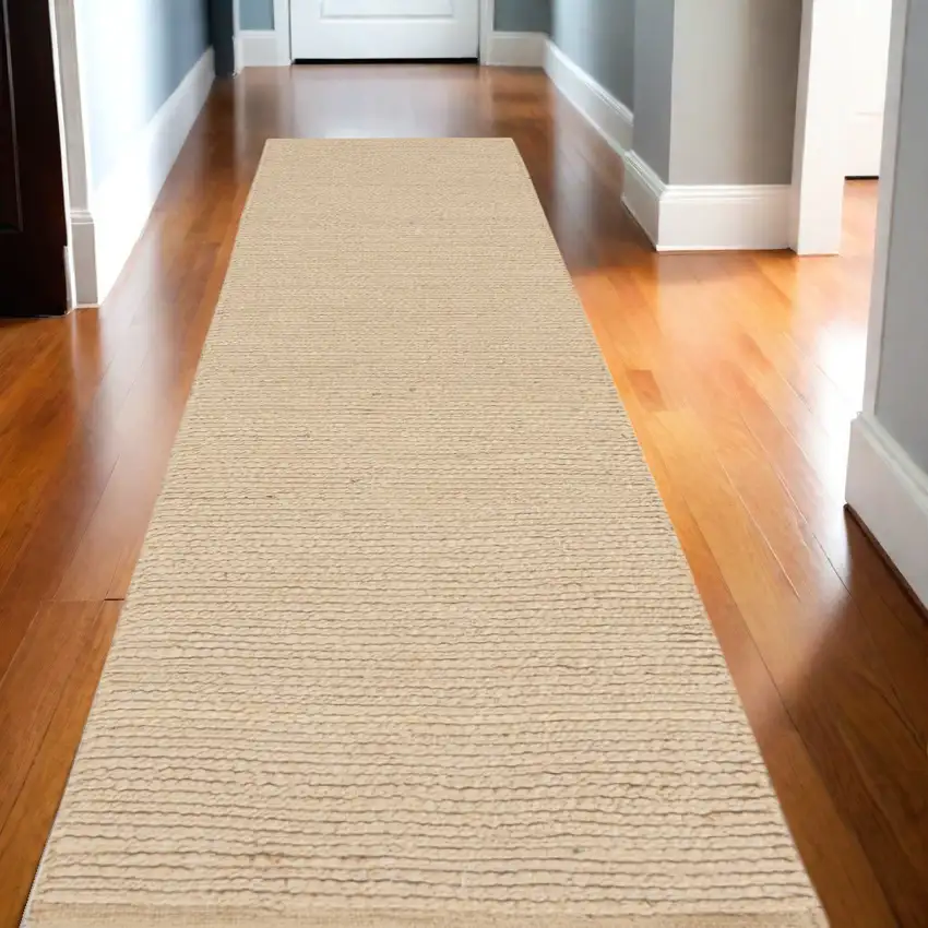 12' Beige Jute Hand Woven Runner Rug Photo 2
